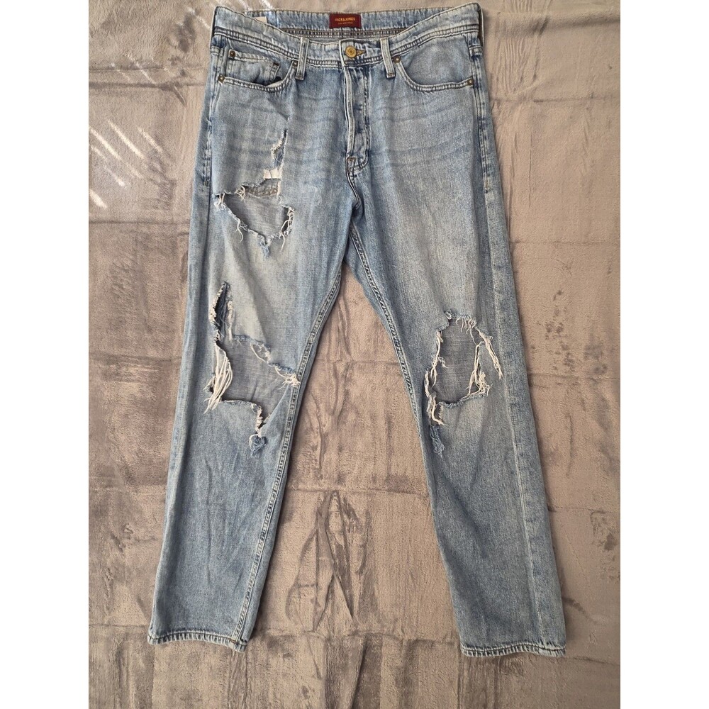 Jack & Jones Mens Button Fly Straight Relaxed 32x30 Light Wash Distressed Jeans